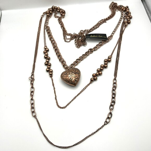 VTG Cookie Lee Multi-Layered Copper Heart Pendant Necklace‎ With Beads & Chains - Picture 2 of 5